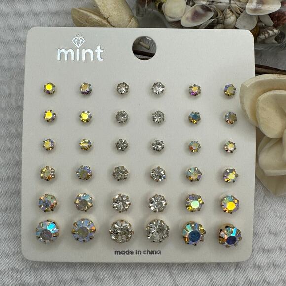 Aurora Borealis Rhinestone Stud Earring Set 18 Pairs - NEW on Card - Never Worn - Picture 1 of 6